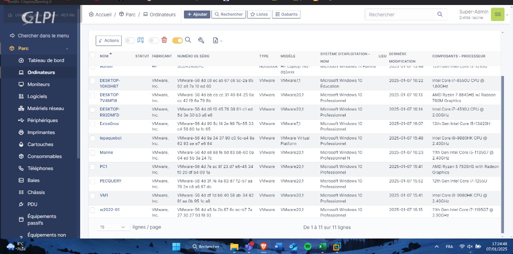 Capture GLPI : liste des ordinateurs du parc (Parc / Ordinateurs)